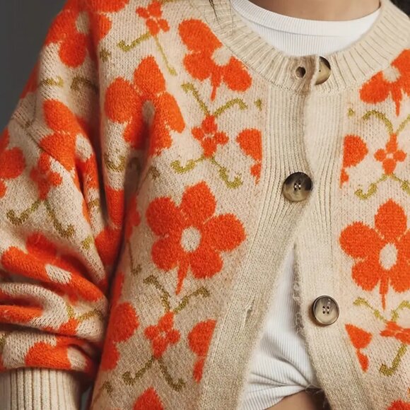 Floral Jacquard Cardigan Orange Beige - Picture 4 of 4